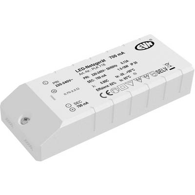 Biely LED ovládač zdroja napájania označený 'LED-Netzgerät 700 mA' s technickými špecifikáciami vytlačenými na vrchu.