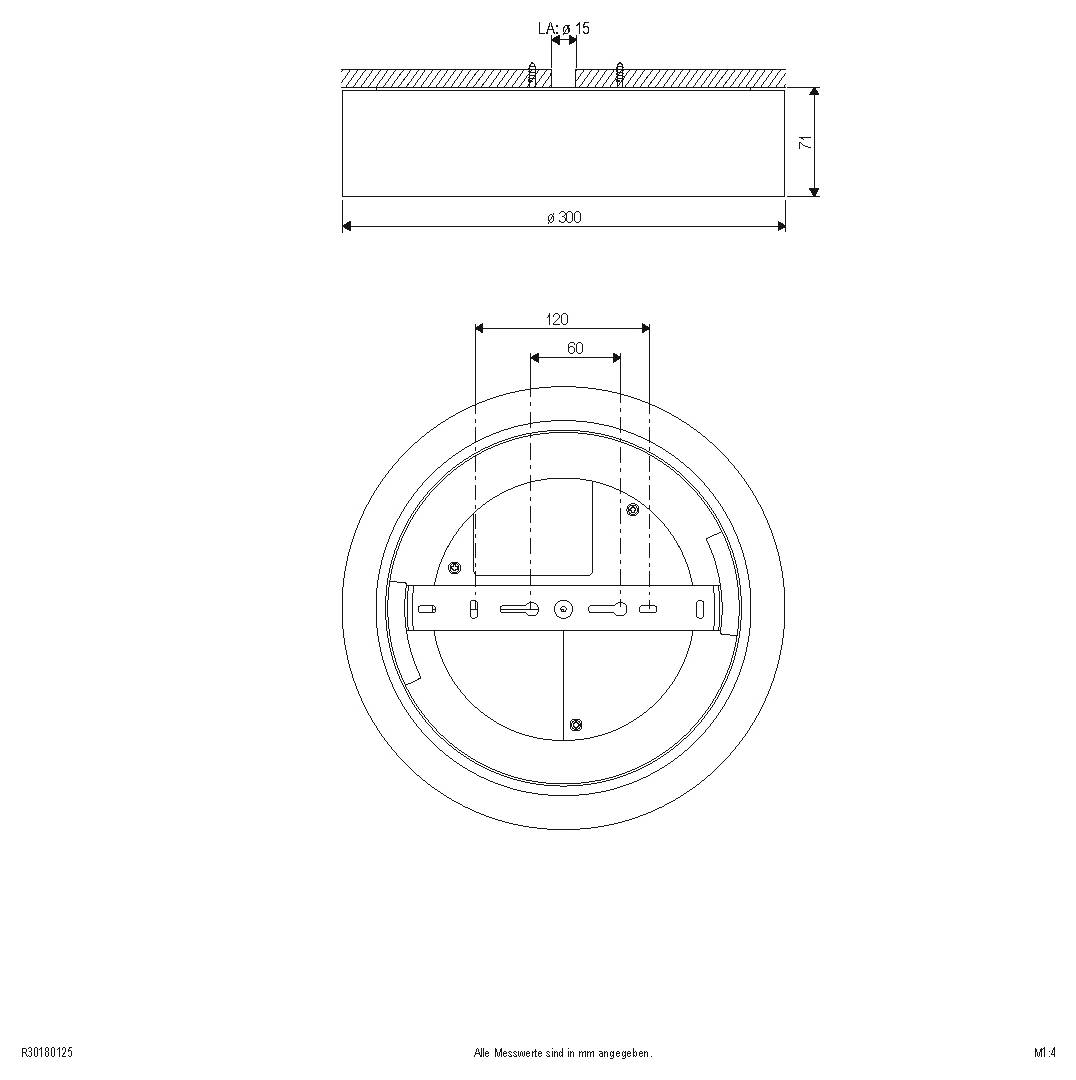 Technický nákres kruhného nástenného zariadenia, zobrazujúci pohľad spredu a zboku s rozmermi Ø300, 120, 60 a hĺbkou 71.