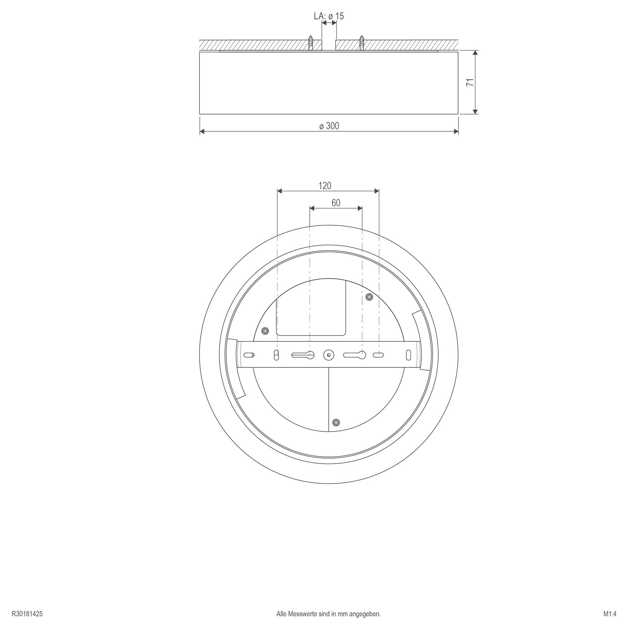 Technický nákres kruhového mechanického krytu alebo senzora, zobrazujúci bočný a čelný pohľad s rozmermi vrátane priemeru 300 mm a rozostupu 120/60 mm.