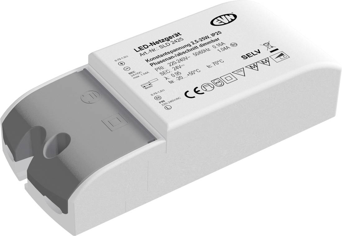 Hlasitosť LED napájacieho modulu s sivou koncovkou, označená „LED-Netzgerät" a bezpečnostnými značkami, zobrazená na bielom pozadí.