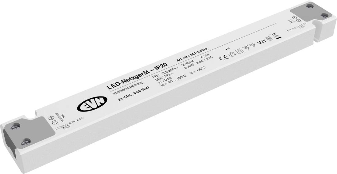 Biely LED zdroj prúdu označený „LED-Netzgerät - IP20" s technickými špecifikáciami vytlačenými na skrínke.