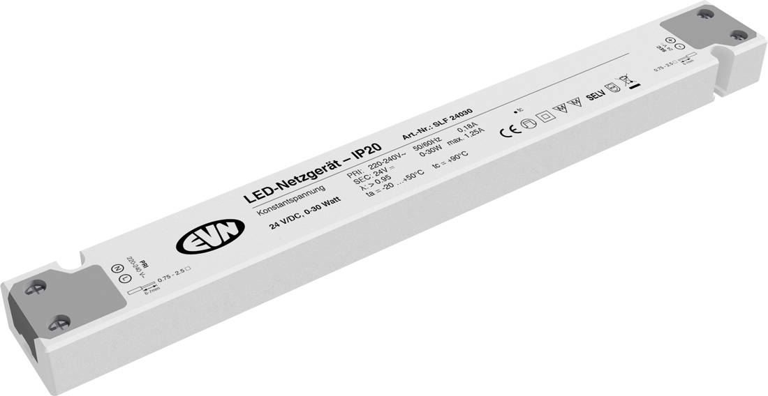 Biely obdĺžnikový LED zdroj energie s označením „LED-Netzgerät - IP20" s logom CYN a technickými špecifikáciami vytlačenými na vrchu.