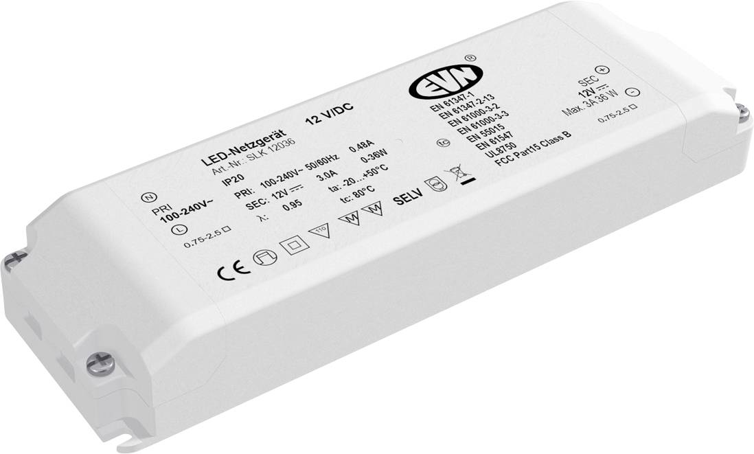 Zdroj napájania pre biele LED s označením "LED+Mezotech" a "12V VDC", zobrazený v obdĺžnikovom plastovom krytu.