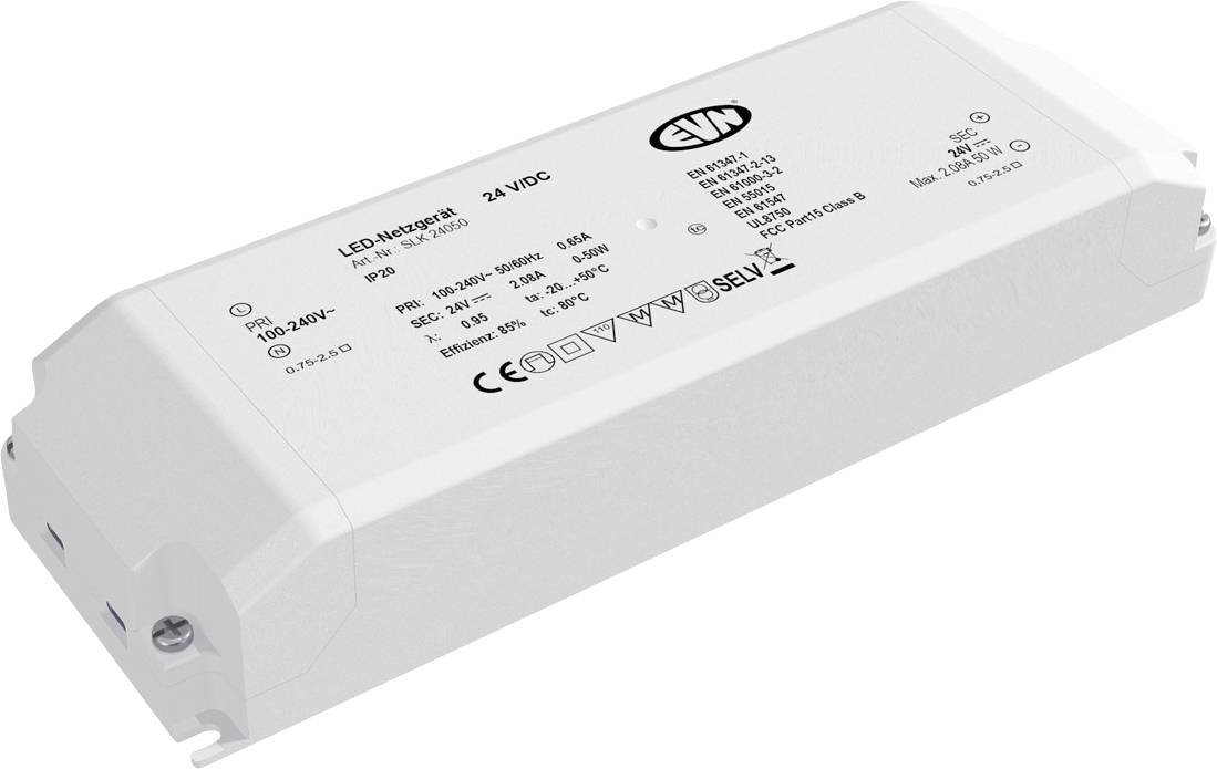 Napájací ovládač bielej LED značený "LED2-electronic" a "24 VDC" zobrazený na fotografii produktu na jednoduchom pozadí.