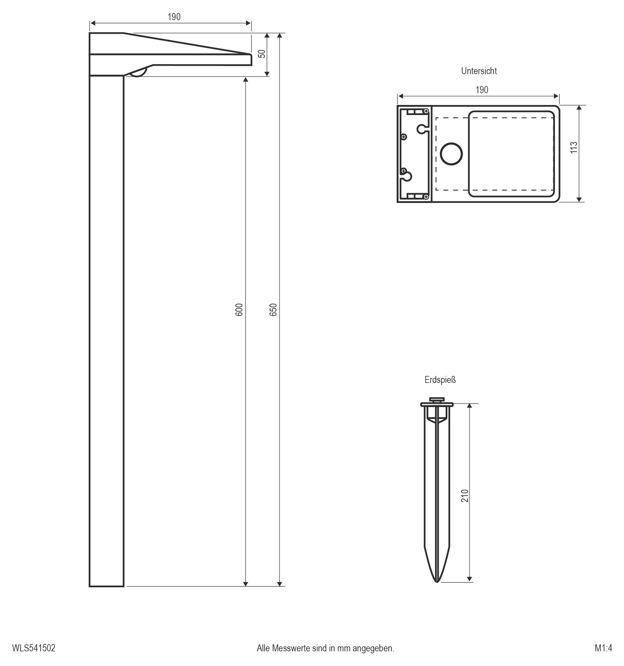 Technický diagram záhradného svietidla so zemným trnom a pohľad zhora, zobrazujúci rozmery v milimetroch: výška 650 mm, šírka 190 mm, hĺbka 113 mm, trn 210 mm.