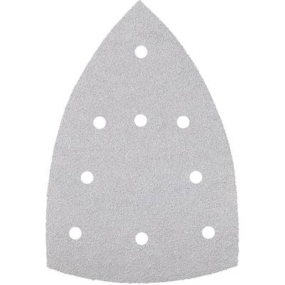 Brúsny papier v tvare lichobežníka s viacerými kruhovými otvormi v pravidelnom usporiadaní, vhodný pre ručné brúsky.