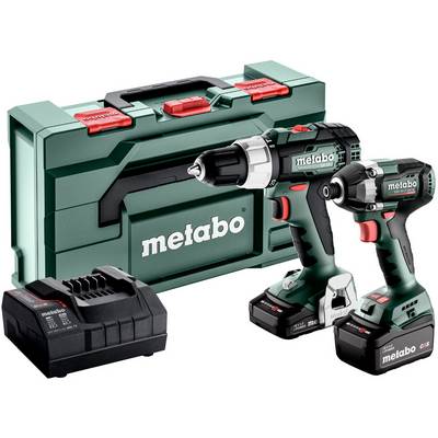 Sada bezdrôtovej vŕtačky a nárazového skrutkovača Metabo s batériou, nabíjačkou a prenosným kufrom.