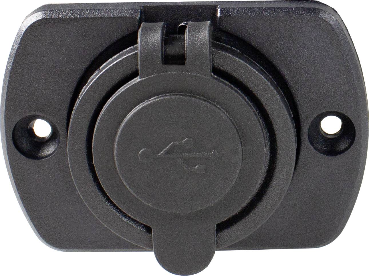 Čierny USB-A konektor s krytom. Montážne otvory vľavo a vpravo. Ideálny na zabudovanie do zariadení alebo nábytku.