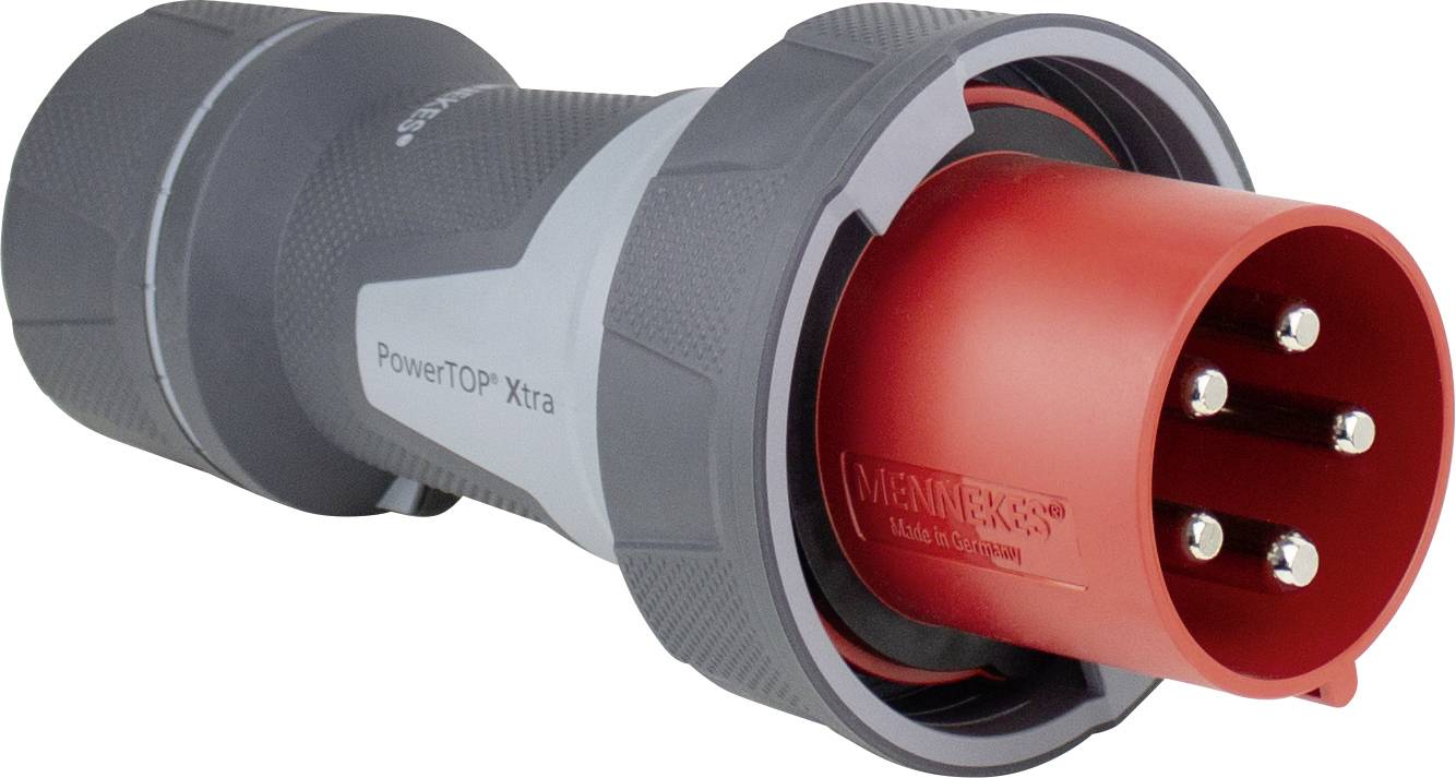 Priemyselné elektrické konektorové zapojenie s červeným konektorom a sivým krytom, označené nápisom 'PowerTOP Xtra' a 'Mennekes' pre napájanie elektrickým prúdom.