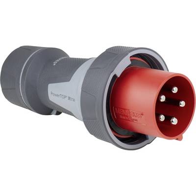 Priemyselné elektrické konektorové zapojenie s červeným konektorom a sivým krytom, označené nápisom 'PowerTOP Xtra' a 'Mennekes' pre napájanie elektrickým prúdom.