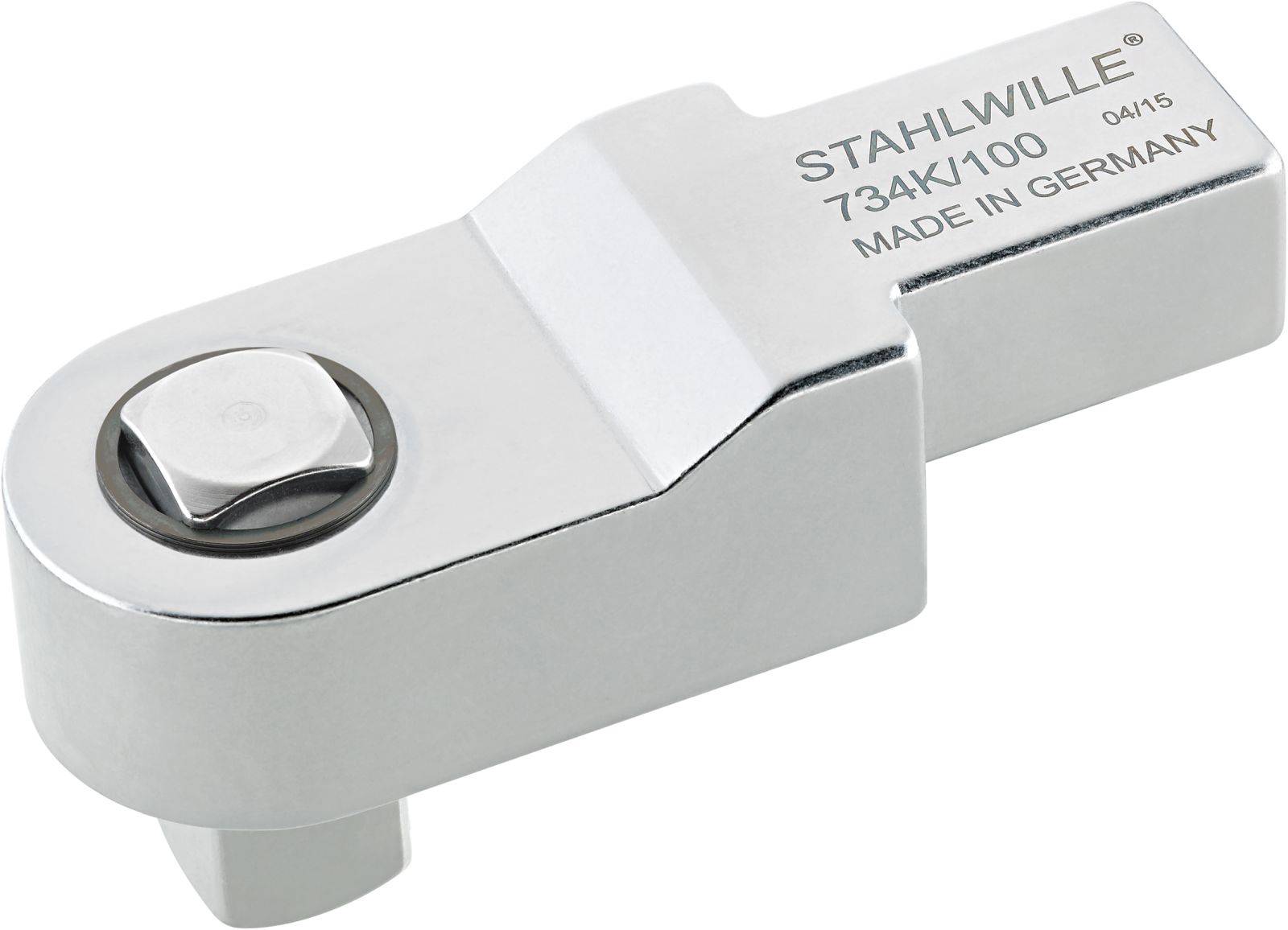 Kovový adaptér momentového kľúča od STAHLWILLE, Model 734K/100, s nápisom 'MADE IN GERMANY', určený na použitie s momentovými kľúčmi.