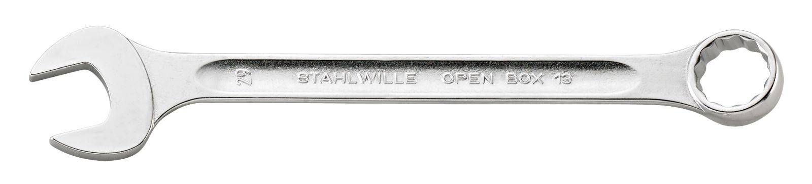Strieborný kľúč s otvoreným a uzavretým koncom, gravírovaný nápisom 'STAHLWILLE OPEN BOX 13'.