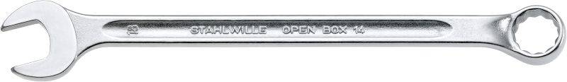 Strieborný kľúč s otvoreným koncom a jednostranným očkom, na ktorom je napísané 'STAHLWILLE OPEN-BOX 14'.