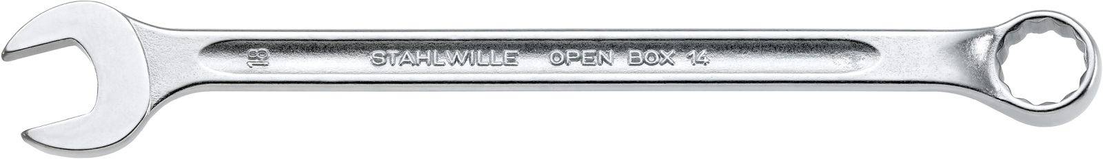Strieborný kľúč s nápisom 'STAHLWILLE - OPEN BOX'. Kľúč má otvorený a prstencový koniec.