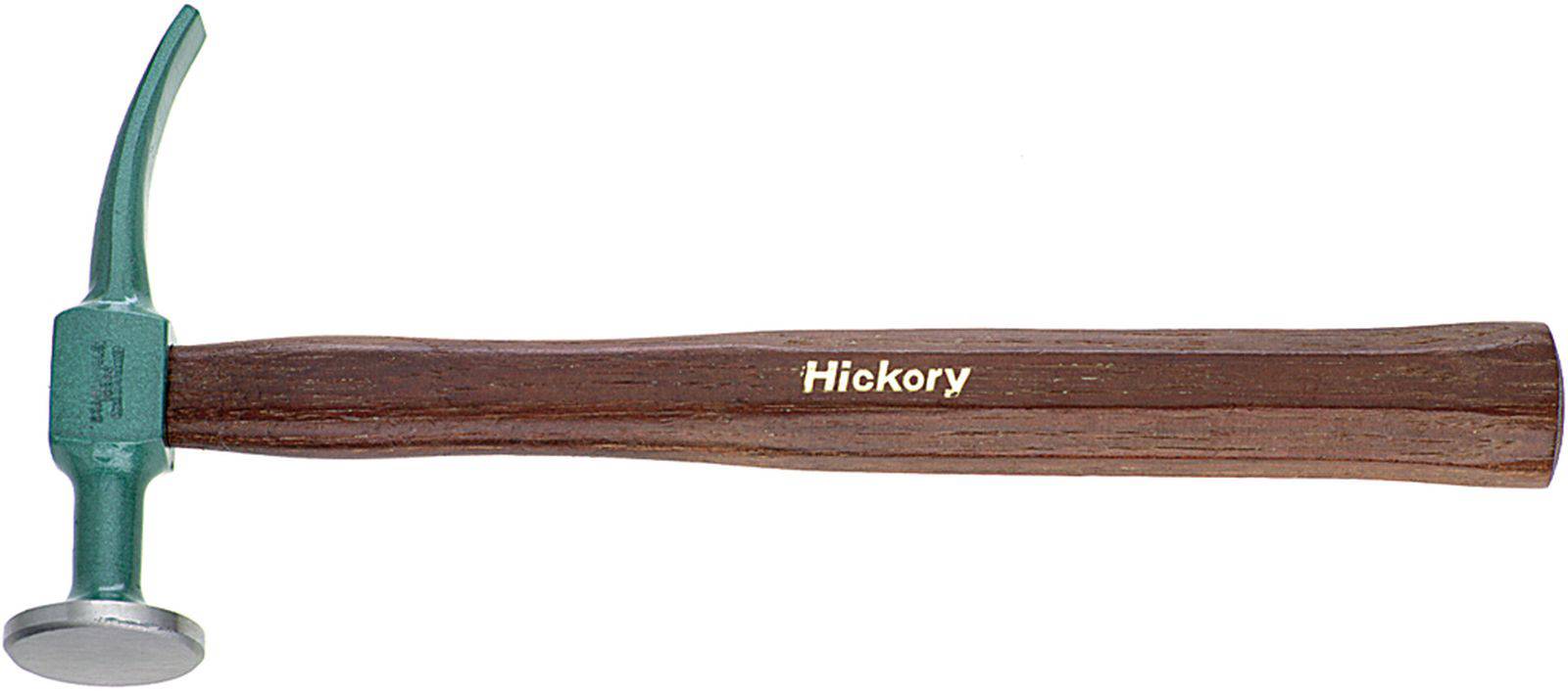 Kladivo s drevenou rukoväťou a zakrivjenou kovovoou hlavou, na rukoväti je napísané 'Hickory'.