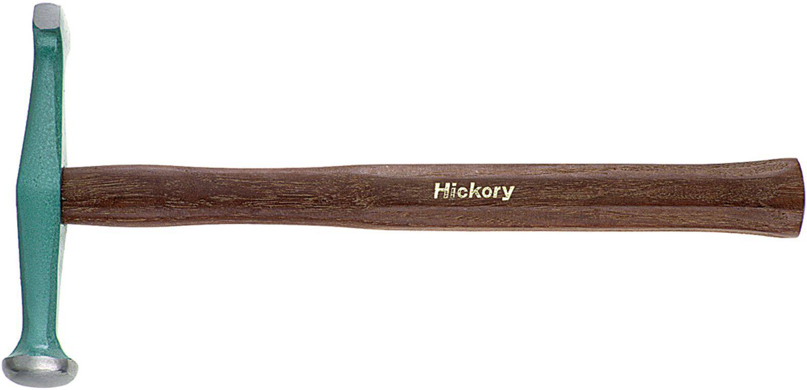 Kladivo so zelenou hlavou a drevenou rukoväťou. Na rukoväti je napísané 'Hickory'. Nástroj na upevňovanie alebo rozoberanie materiálov.