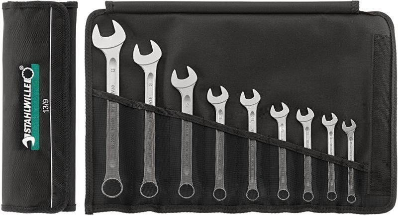 Sada kľúčov 'Stahlwille' s deviatimi rôznymi vidlicovými kľúčmi v rolovacej taške.