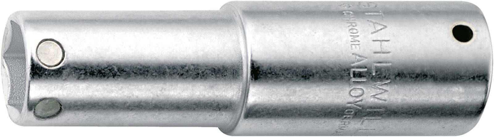 Strieborná skrutková matica s šesťhranným otvorom a bočným otvorom. Gravírovaný nápis 'CHROME ALLOY GERMANY'.
