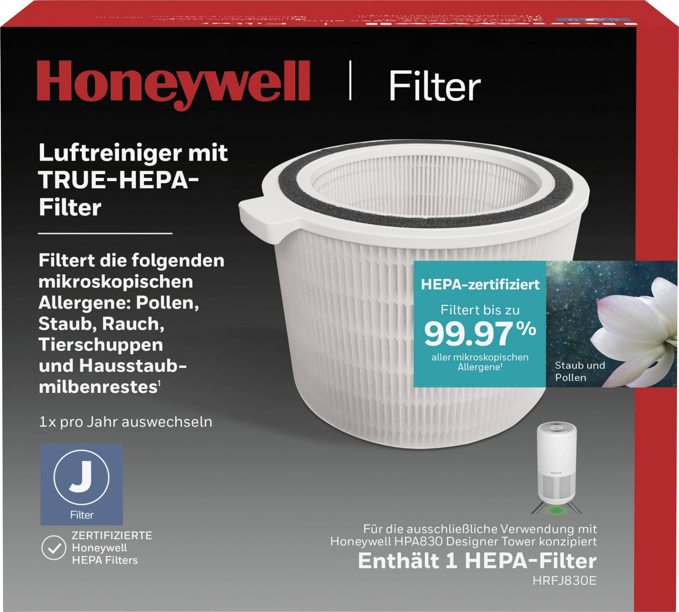 Čistička vzduchu značky Honeywell s HEPA filtrom. Sľubuje filtráciu 99,97% mikroskopických alergénov, ako sú peľ a prach.