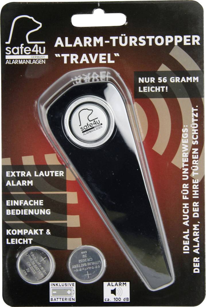 Bezpečnostný dverový zarážač "Safe4u Alarm-Türstopper Travel": Ľahká dverová zarážka s mimoriadne hlasným alarmom, ideálna na cestovanie. Batérie súčasťou balenia, hlasitosť alarmu približne 100 dB.
