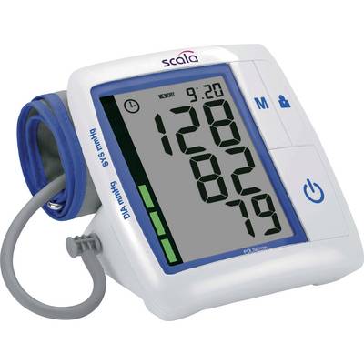 Digitálny tlakomer zobrazuje namerané hodnoty: 128 systolický, 82 diastolický, tep 95. Vedľa vľavo je manžeta na rameno.