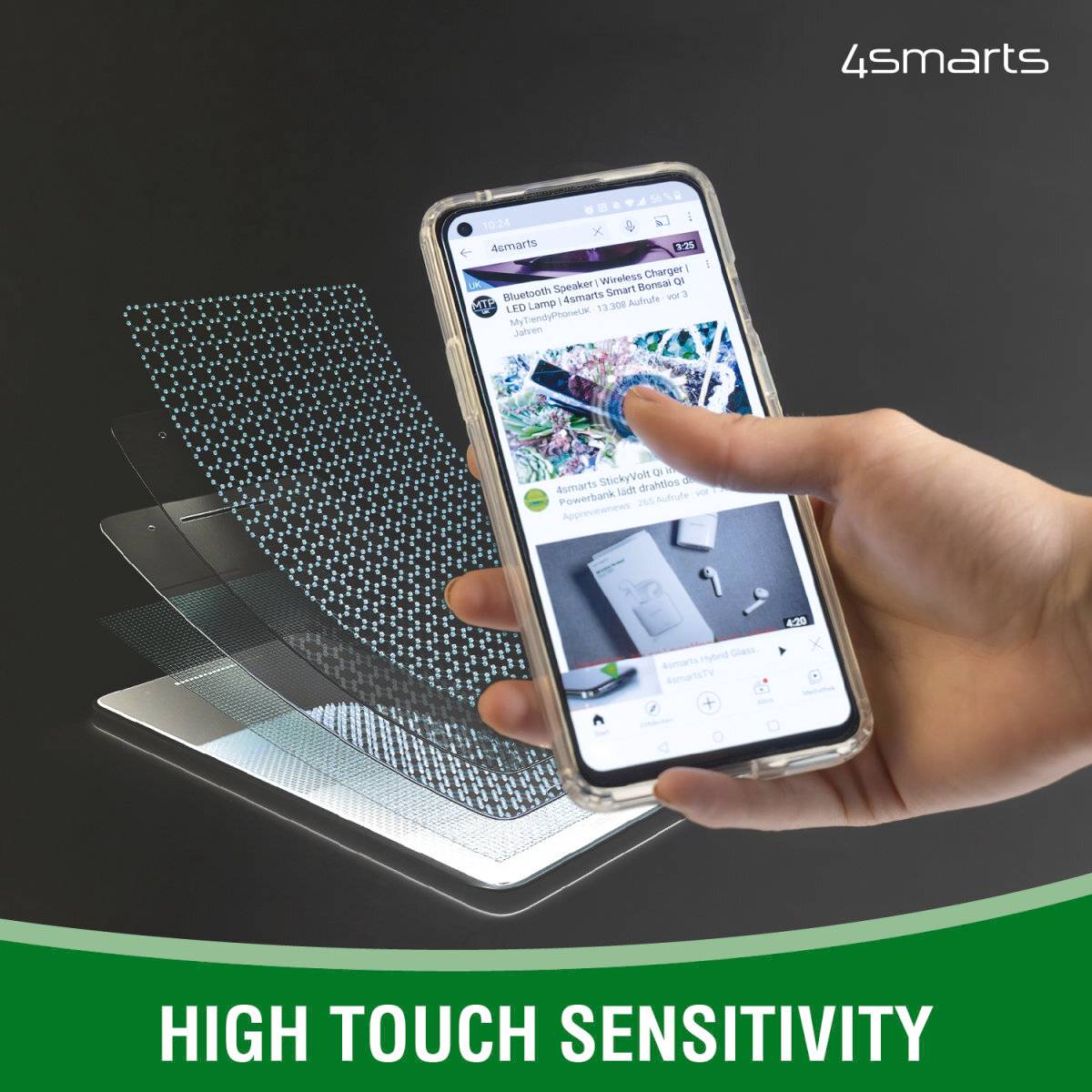 Ruka drží smartfón s ochranným sklom. Vedľa je grafické vrstvové znázornenie ochranného skla. Text "HIGH TOUCH SENSITIVITY".
