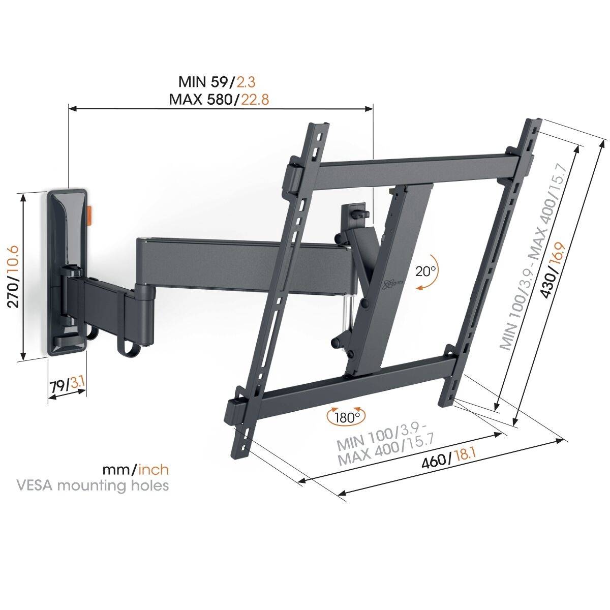 VESA držiak na stenu pre monitor s nastaviteľným ramenom. Rozmery v mm/palcoch: min 100/3,9 - max 400/15,7, min 59/2,3 - max 580/22,8.