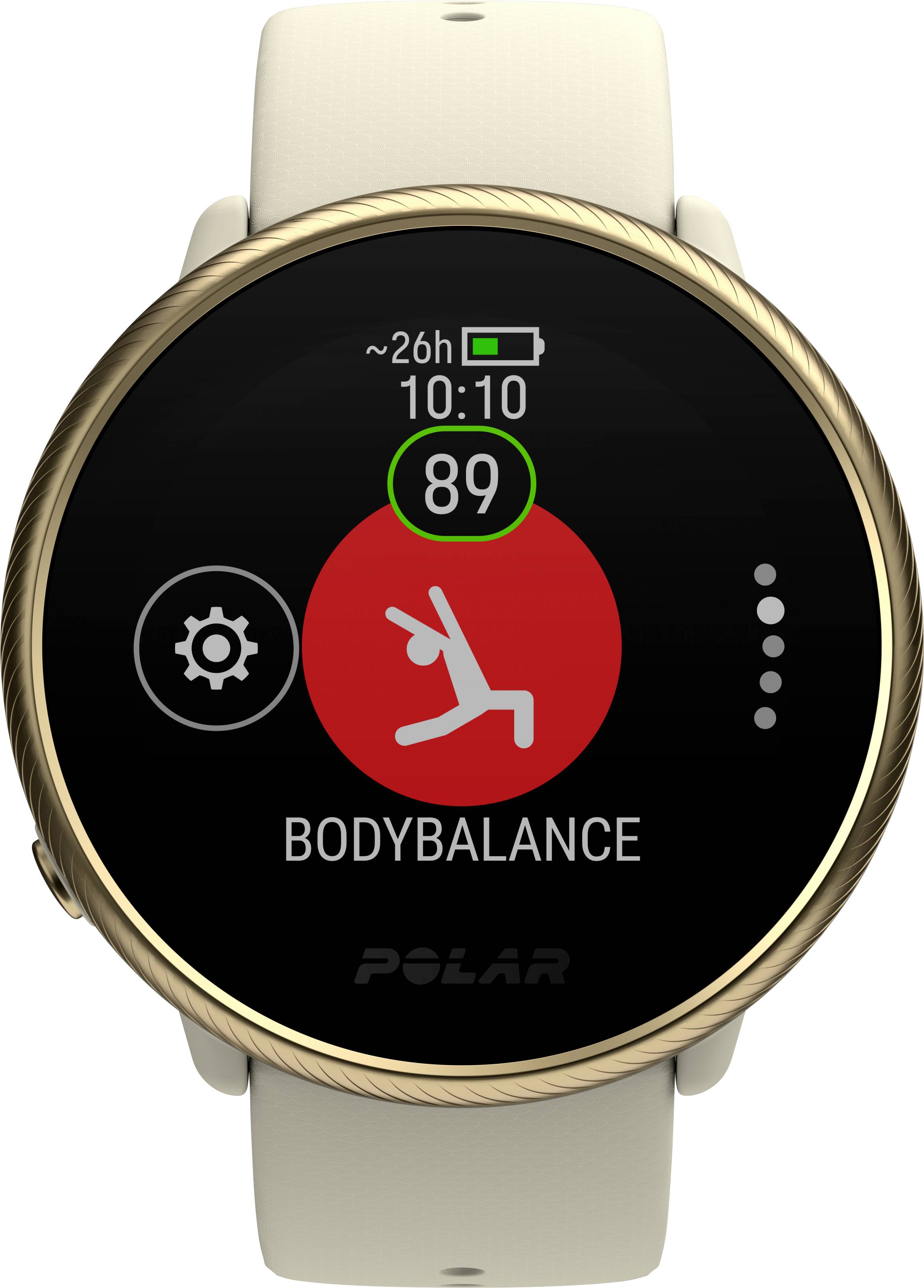 Digitálne športové hodinky s okrúhlym displejom. Zobrazuje jogovú pózu, symbol nastavení a stav batérie. Text: 'Bodybalance'.