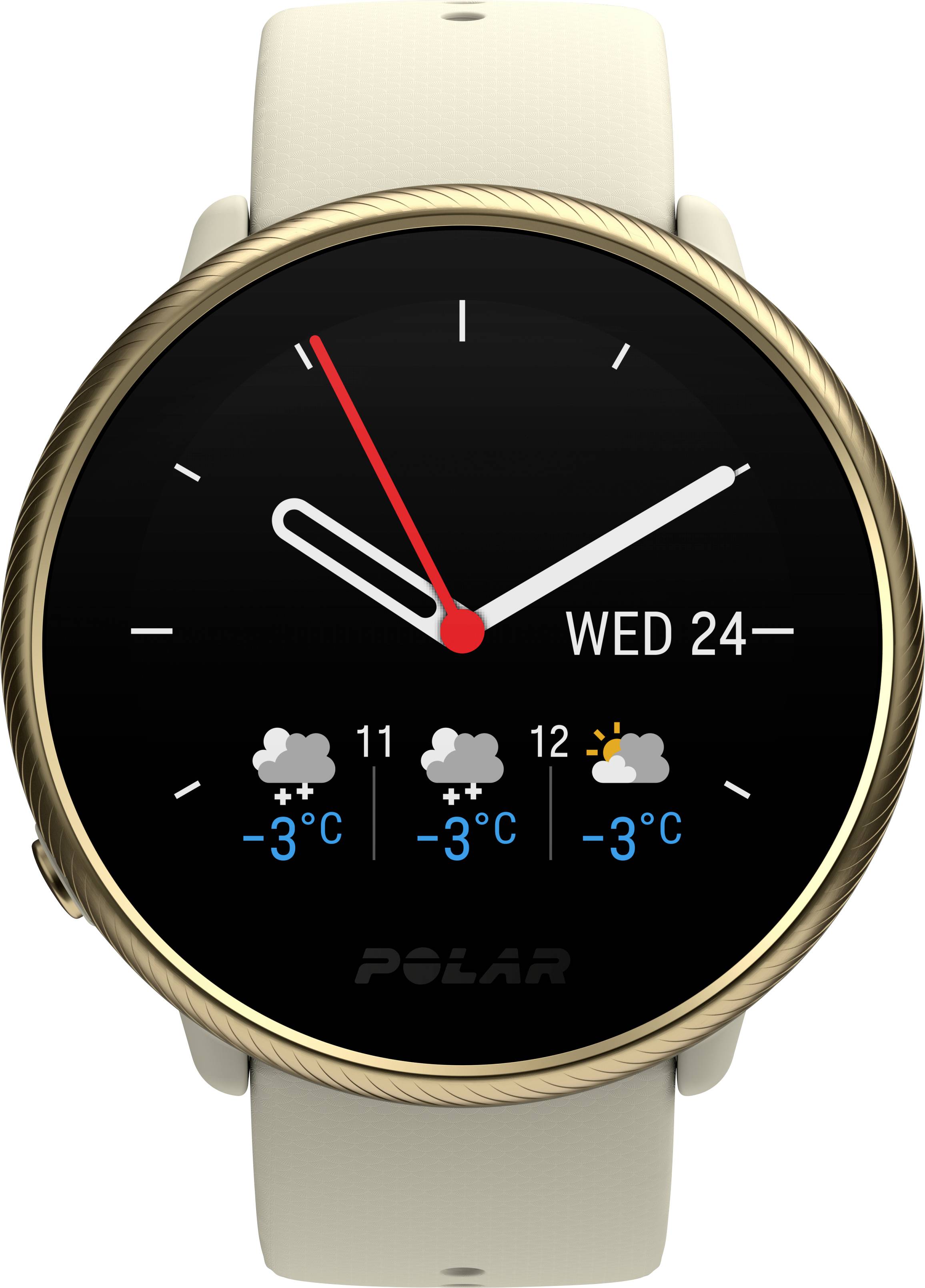 Smartwatch so zlatým rámikom zobrazuje čas, dátum a predpoveď počasia. Mraky a teploty -3°C sú viditeľné pre tri rôzne časové body.