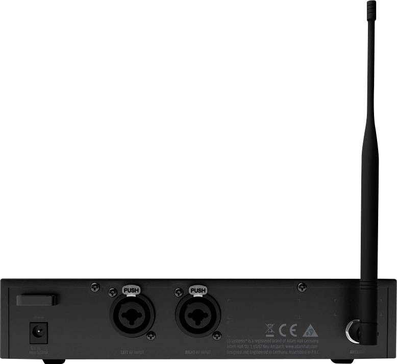Pohľad zozadu na bezdrôtové audio zariadenie s dvoma kombinovanými konektormi a vyčnievajúcou anténou na pravej strane.