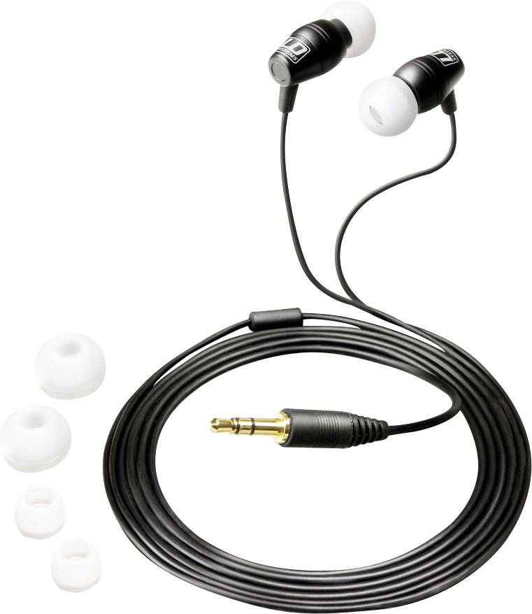Čierne slúchadlá do uší s tromi vymeniteľnými nástavcami v rôznych veľkostiach a 3,5 mm jack konektorom.