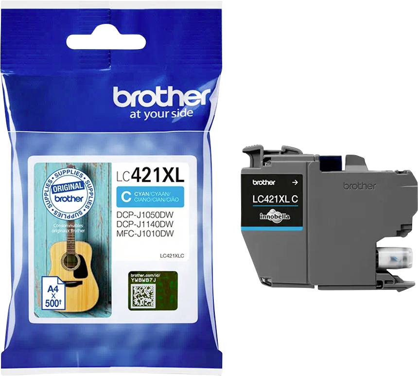 'Brother LC421XL C Atramentová kazeta' v balení, zobrazuje obrázok gitary. Kompatibilná s tlačiarňovými modelmi Brother DCP-J1050DW, DCP-J1400DW, MFC-J1010DW.