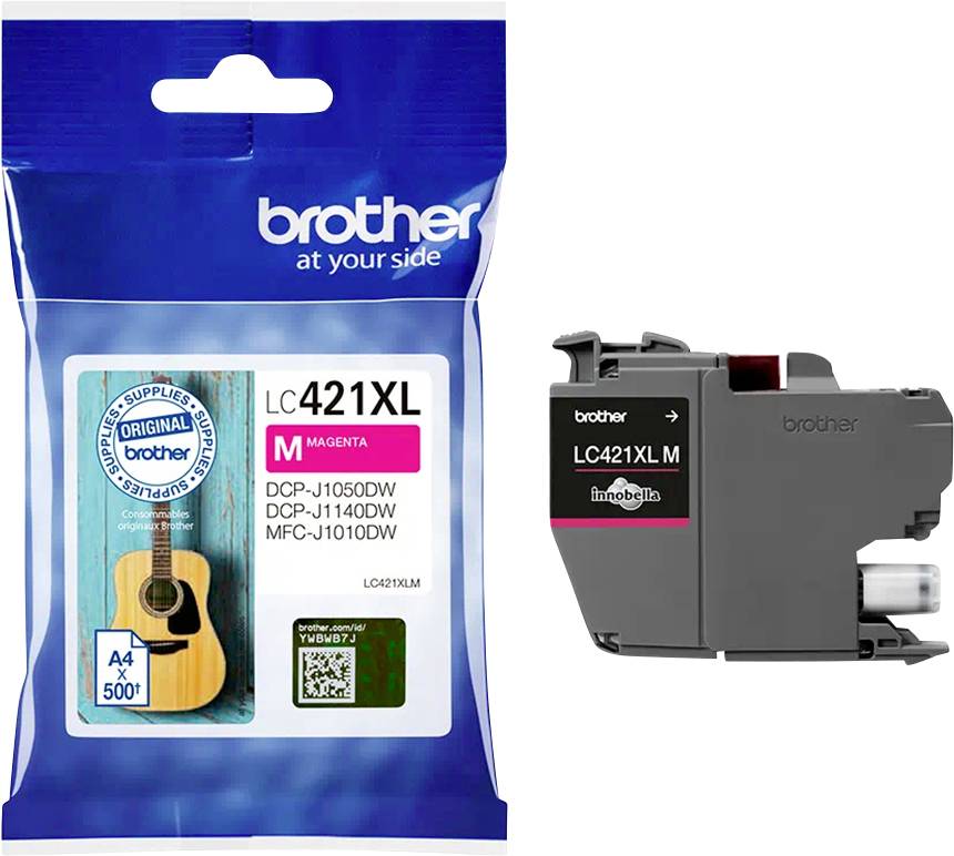 Atramentová kazeta 'Brother LC421XL M Magenta' v čiernom plastovom obale vedľa balenia. Kompatibilná s tlačiarňami DCP-J1050DW, DCP-J1140DW, MFC-J1010DW.