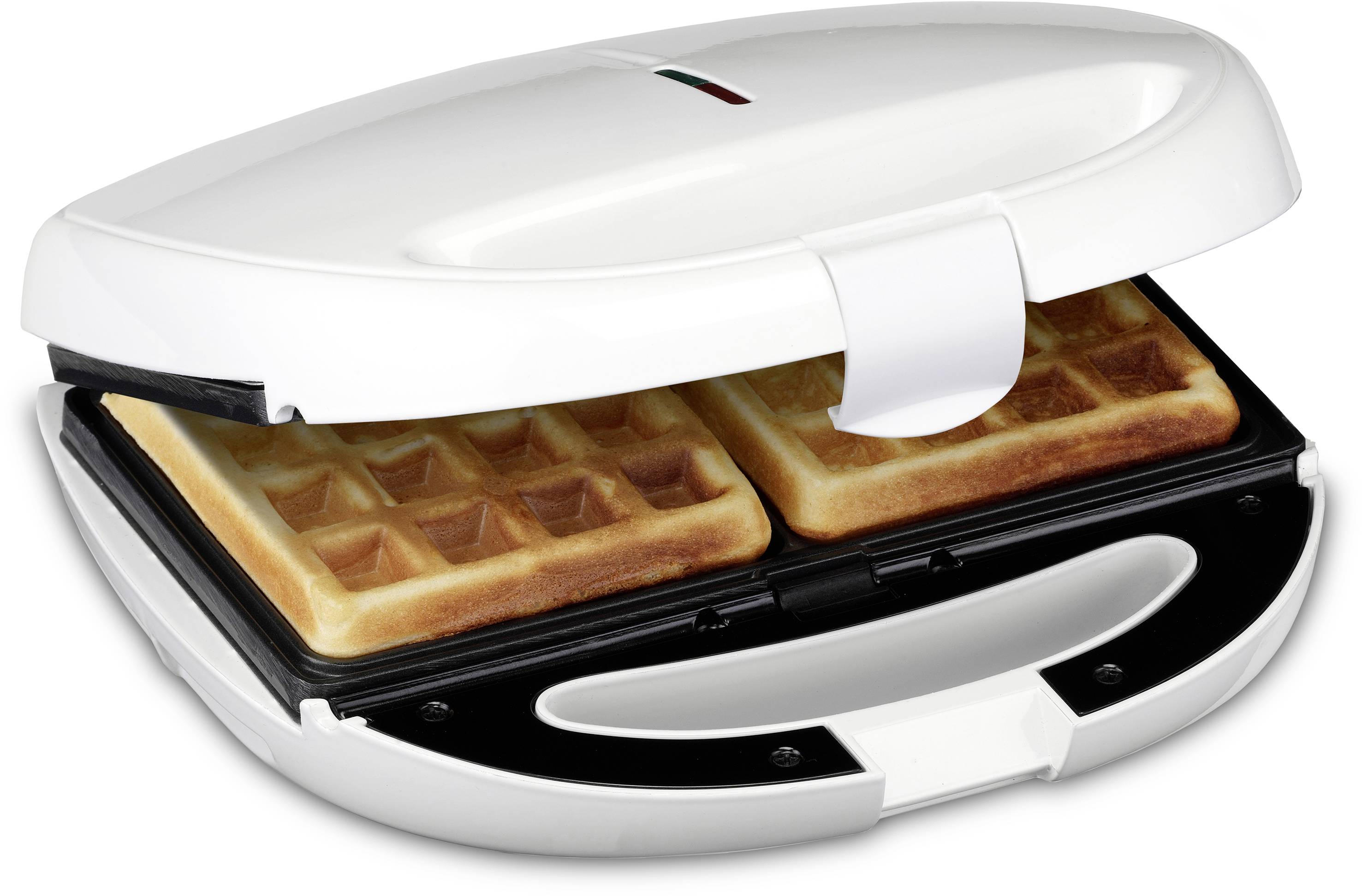Waflová forma s dvomi čerstvo upečenými, zlatohnedými waflami. Zariadenie je biele a otvorené, aby boli wafle viditeľné.