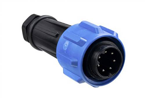 Čierny konektor s modrým uzáverom, ktorý má niekoľko kovových kolíkov. Slúži na pripájanie elektrických zariadení.