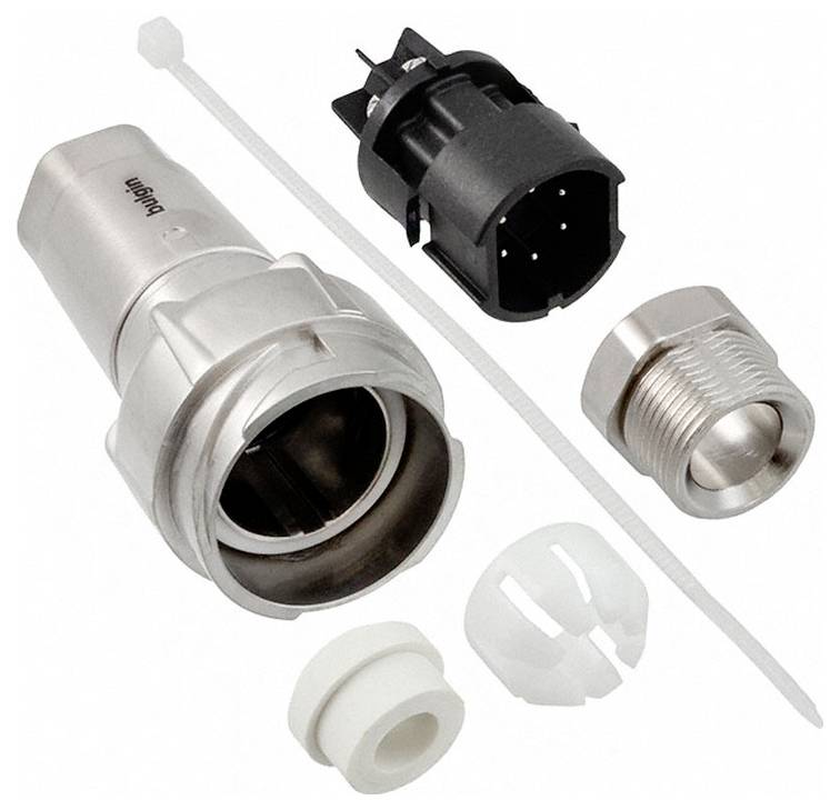 Súprava sanitárnych konektorov vrátane kovového spojovacieho kúsa, plastových fitingov, čierneho adaptéra a bieleho sťahovacieho páska, umiestnená na bielom pozadí.