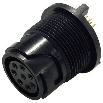 Čierny kruhový elektrický konektor s viacerými kolíkmi, ktorý sa používa na pripájanie audio, video alebo dátových zariadení.