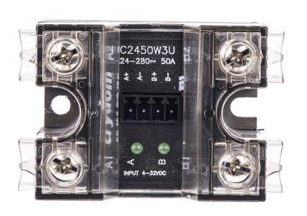 Zobrazená je elektrická súčiastka, ktorá vyzerá ako polovodičové relé, s nápisom 24–280V a 50A.