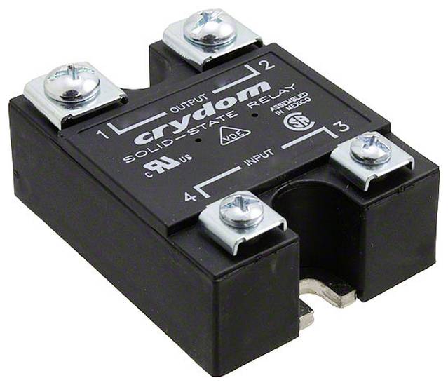 Biely elektronický relé s označením „crydom", červeným LED indikátorom a označenými vstupno-výstupnými svorkami. Sú viditeľné certifikácie CE a bezpečnostné značky.