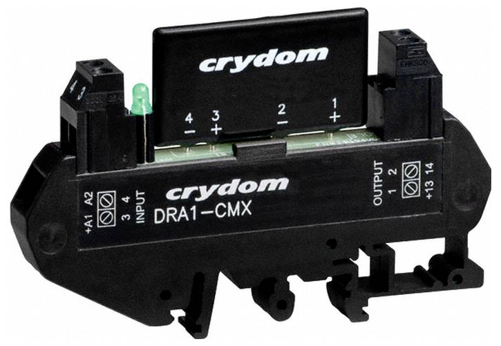 „Crydom DRA1-CMX", čierne zariadenie polovodičového relé s indikátorom LED v zelenej farbe a označenými vstupnými/výstupnými spojeniami.
