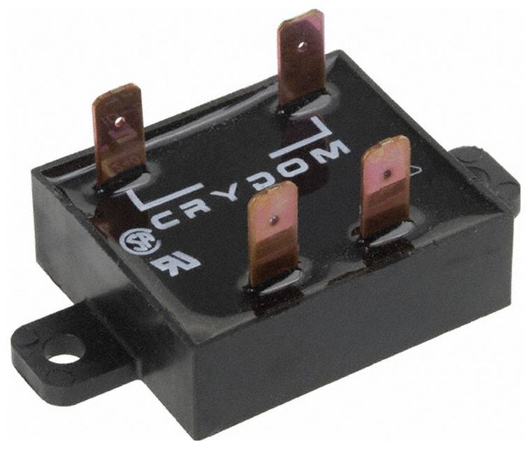 Čierna polovodičová relé Crydom s kovovými konektormi, používaná na prepínanie elektrických obvodov bez pohyblivých častí.