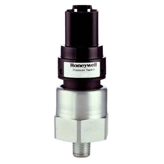 Čierny a strieborný tlakový spínač od Honeywell, valcovitého tvaru, s označením 'Pressure Switch', určený pre technické aplikácie.