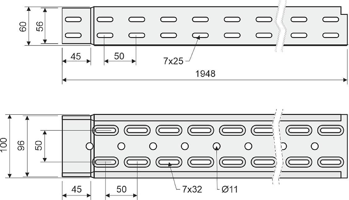 Technický výkres dvoch súčiastok s rozmermi. Horná komponenta: 60 mm x 45 mm, spodná: 100 mm x 45 mm. Drážky a otvory vyznačené.