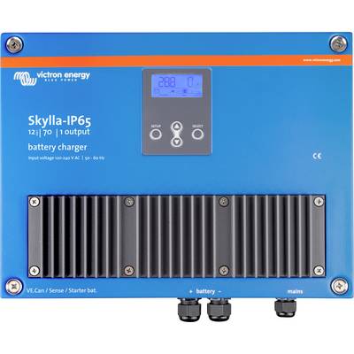 Modrá nabíjačka batérií značky Victron Energy, model Skylla-IP65, zobrazuje digitálny displej. Vhodná pre vstupné napätie 90-240 V AC.