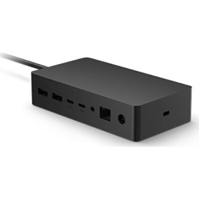 Čierna dokovacia stanica s viacerými portami vrátane USB, HDMI a Ethernet, určená na pripojenie zariadení a periférnych zariadení.