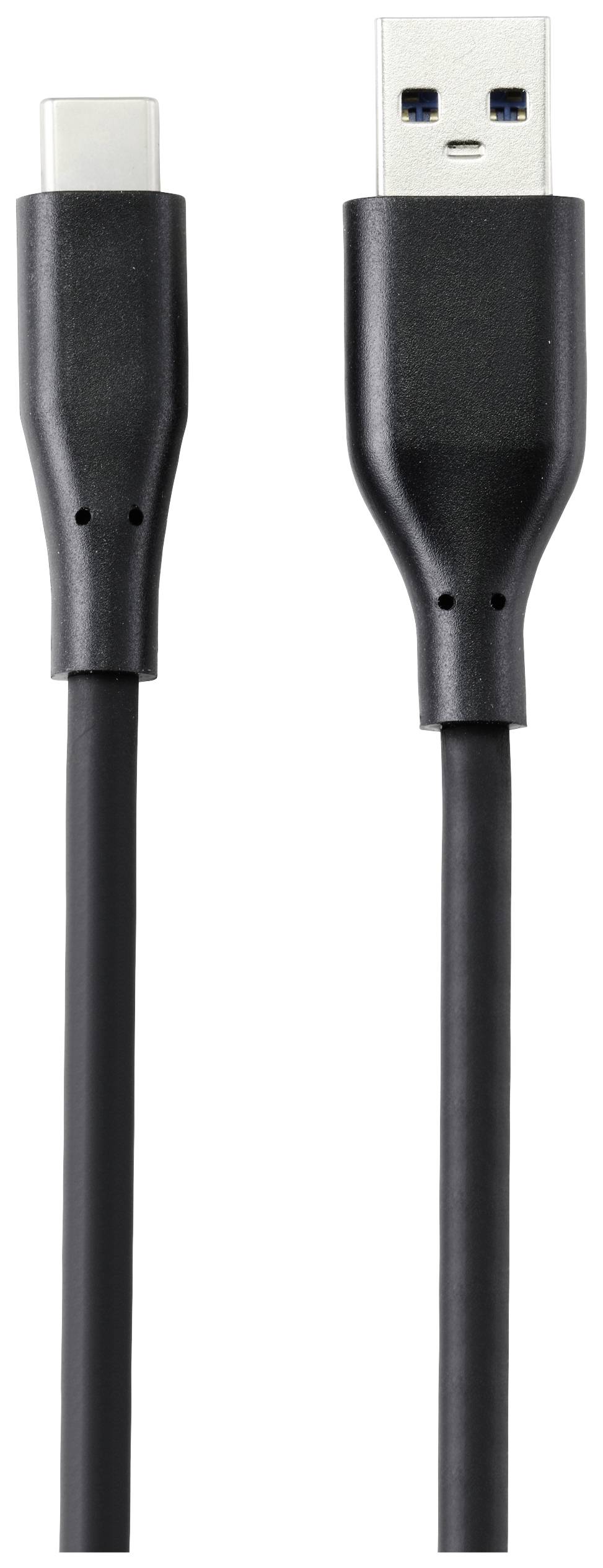 Čiernы USB kábel s USB-C konektorom vľavo a USB-A konektorom vpravo, určený na prepojenie zariadení ako sú smartfóny alebo laptopy.