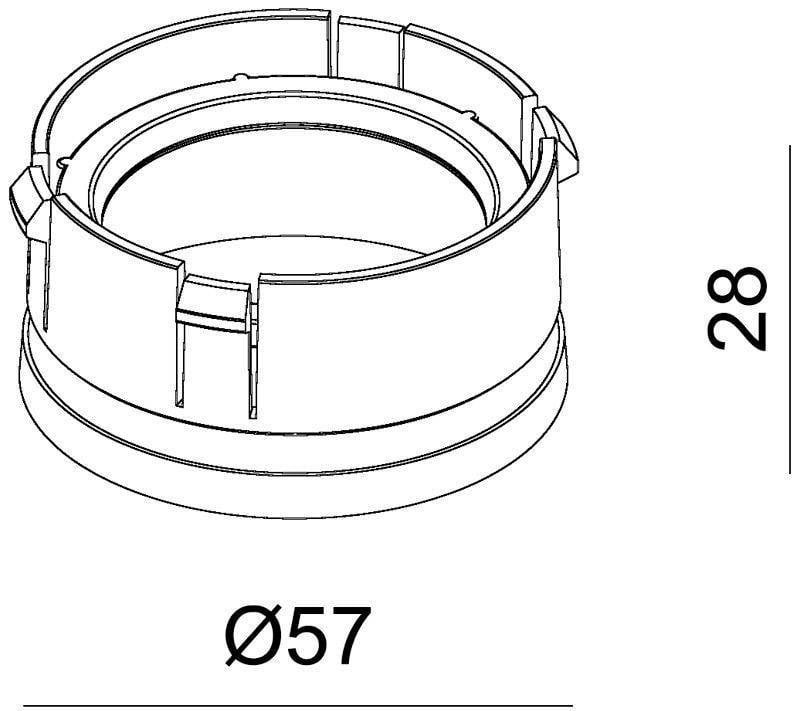 'Technický výkres valcovitej súčiastky. Priemer: 57 mm, výška: 28 mm.'