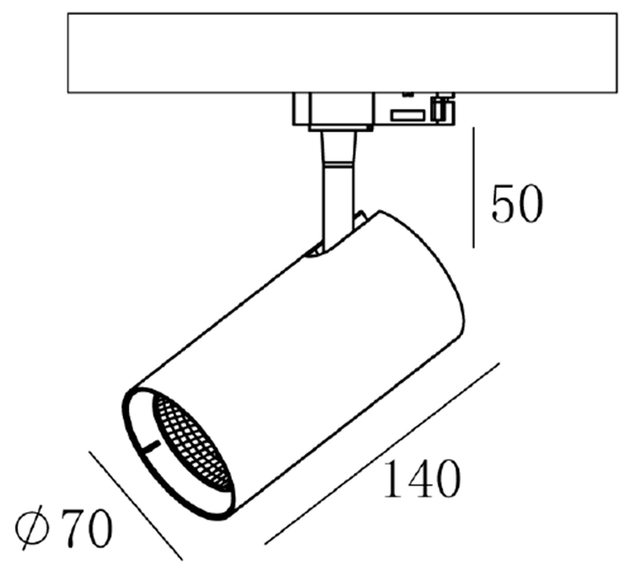 Diagram stropného svietidla s valcovým krytom. Rozmery: 50 mm výška od stropu, 140 mm dĺžka, priemer 70 mm.