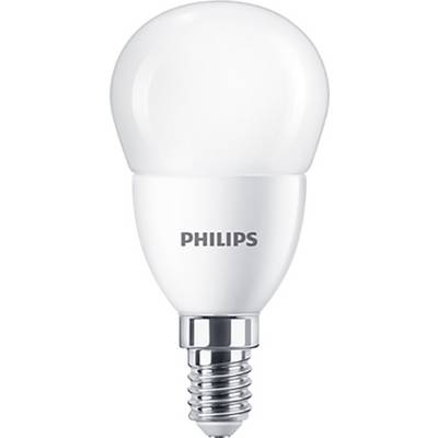 Biela LED žiarovka značky Philips s päticou E14, vhodná pre úsporné osvetlenie v domácnostiach a kanceláriách.