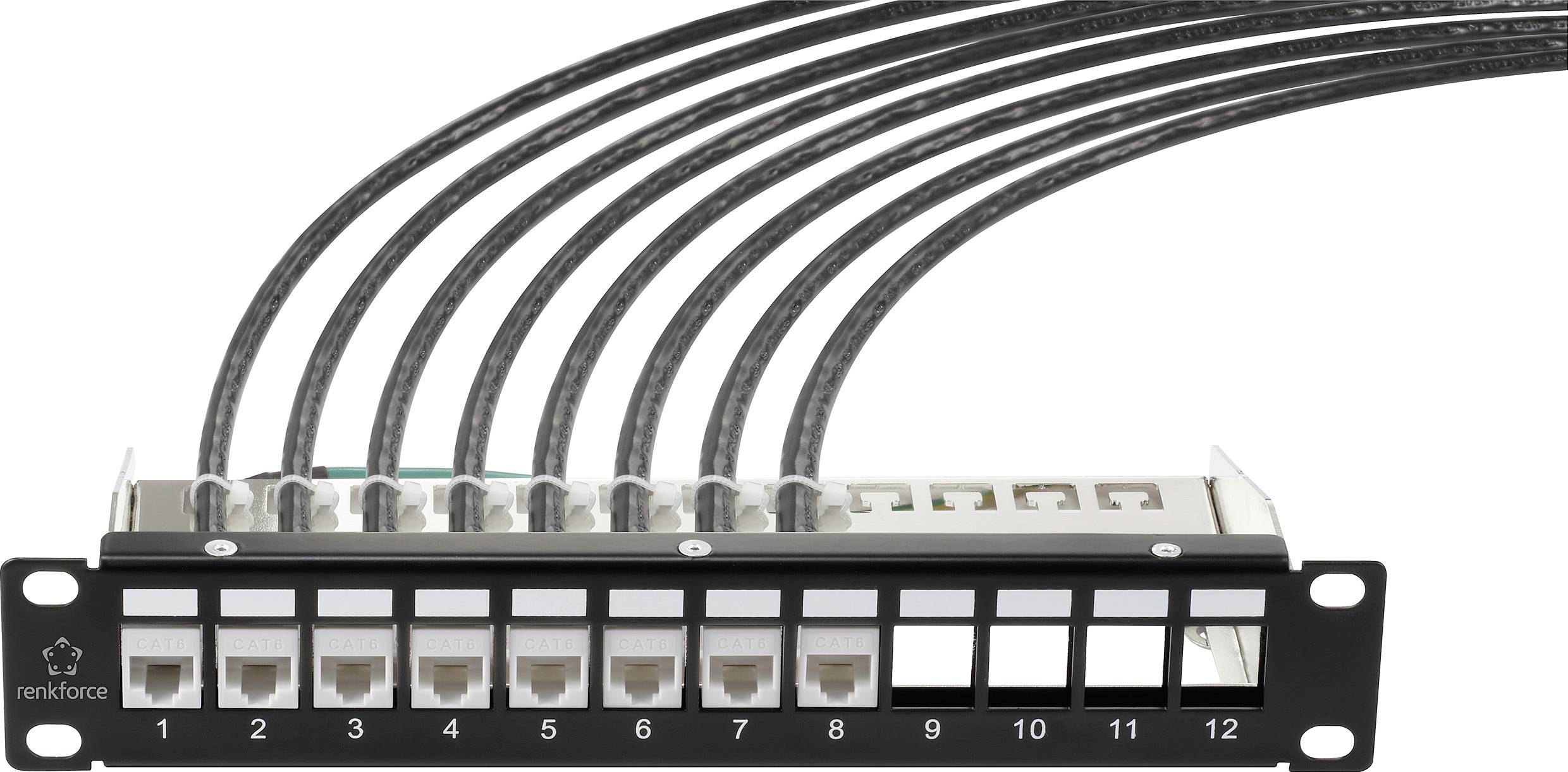 Patch panel so šiestimi RJ45 zásuvkami. Šesť čiernych ethernetových káblov je pripojených do horných zásuviek. Vľavo sa nachádza logo.
